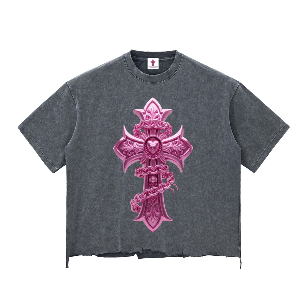 PINK CHROME Snow Wash Raw-Hem Boxy T-shirt