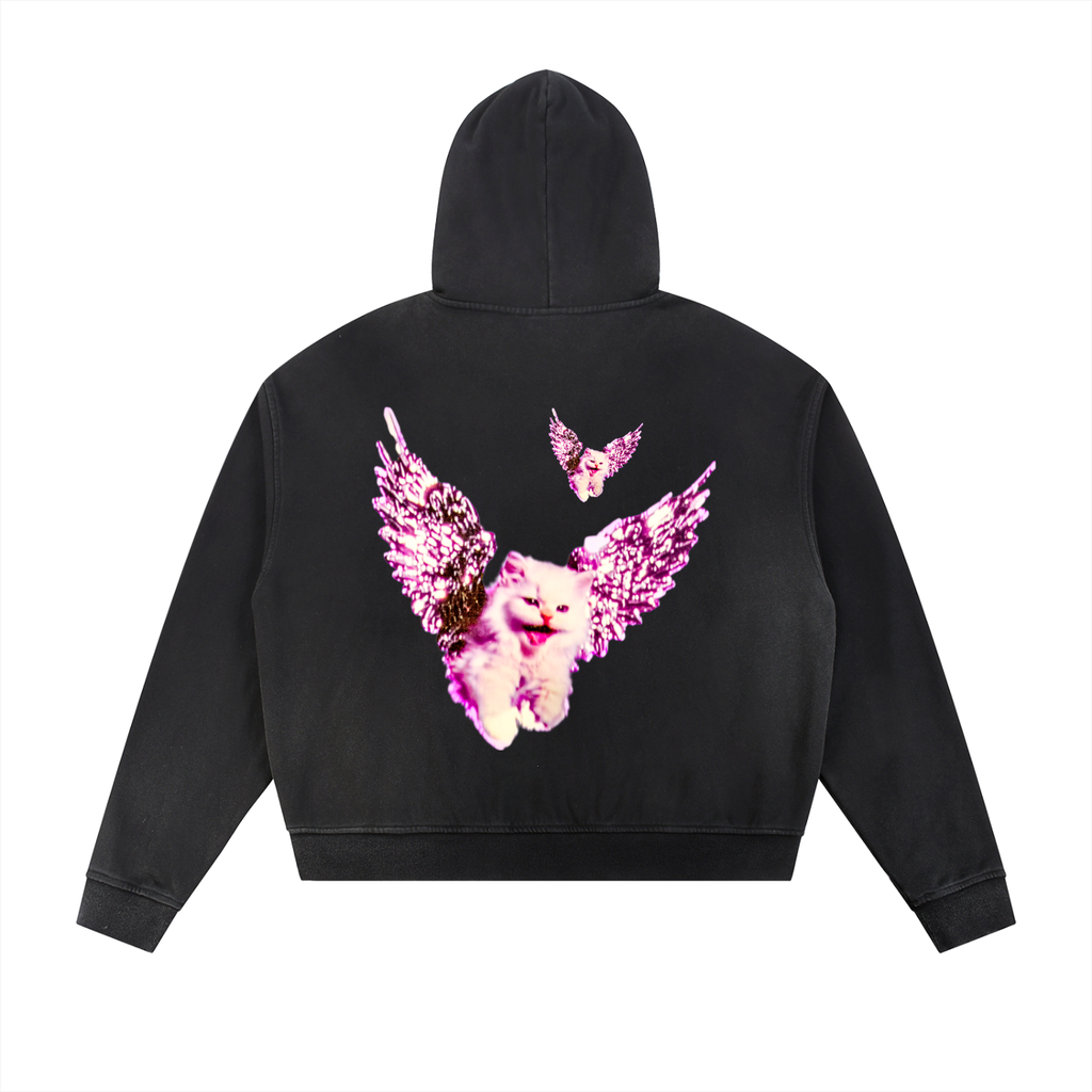 AVANTI AMOR "Angel Kitty" Sun Faded Frayed Raw Edge Fleece Zip Hoodie