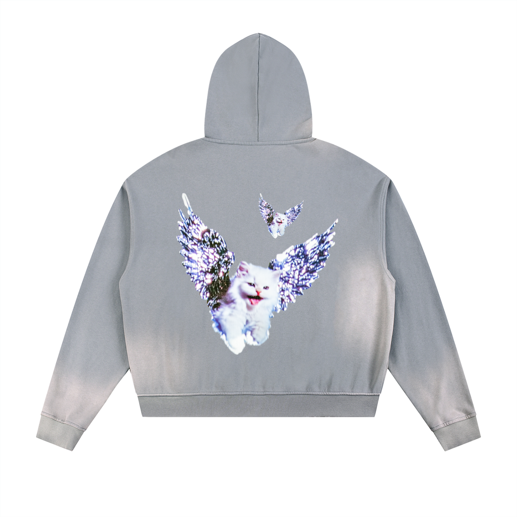 AVANTI AMOR "Angel Kitty " Sun Faded Frayed Raw Edge Fleece Zip Hoodie