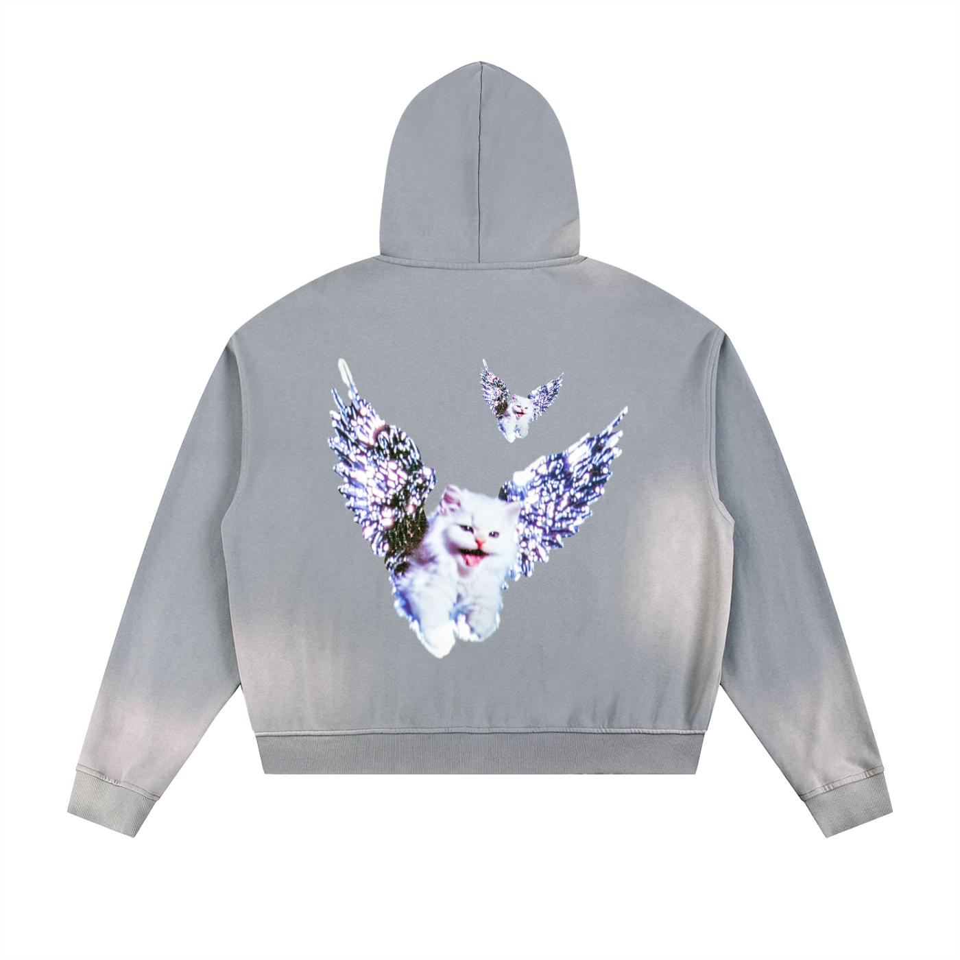 AVANTI AMOR "Angel Kitty " Sun Faded Frayed Raw Edge Fleece Zip Hoodie