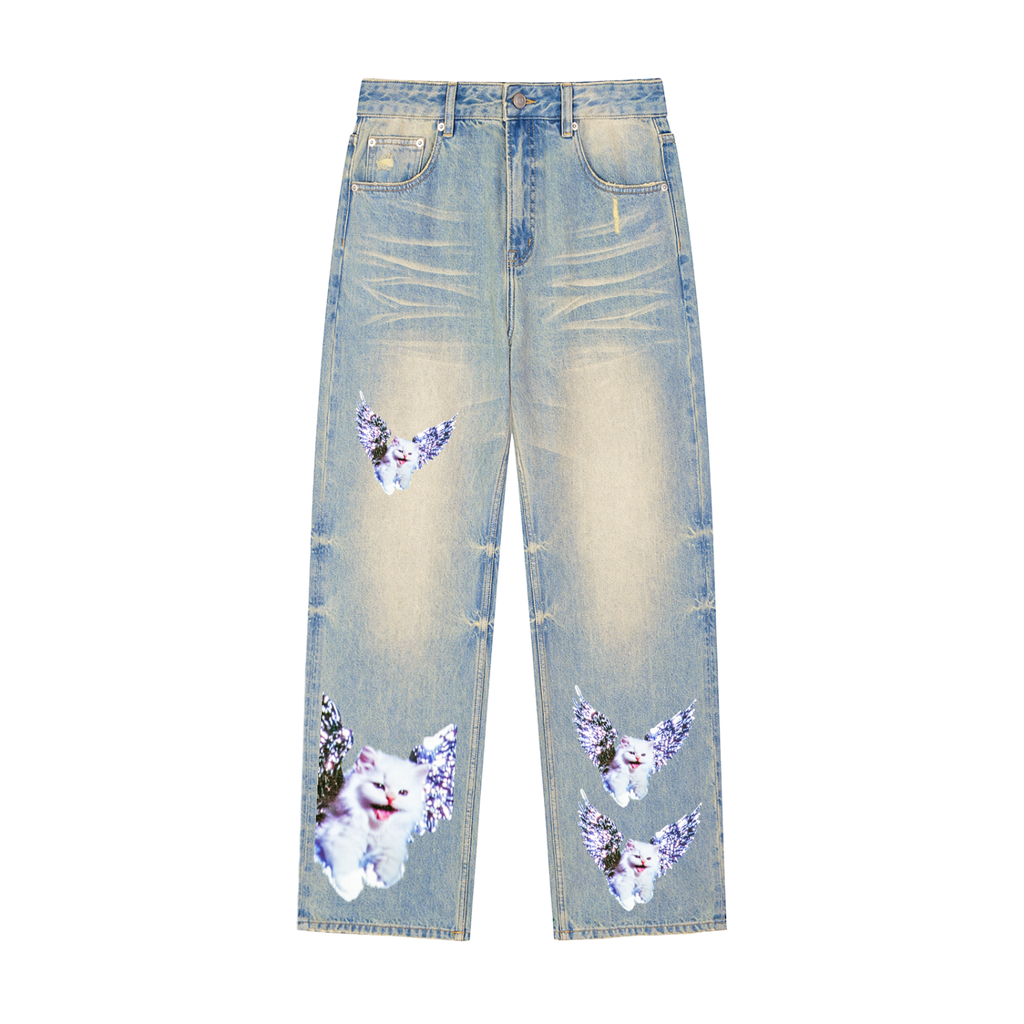 AVANTI AMOR "Angel Kitty" Sun Faded Raw Hem Denim Jeans
