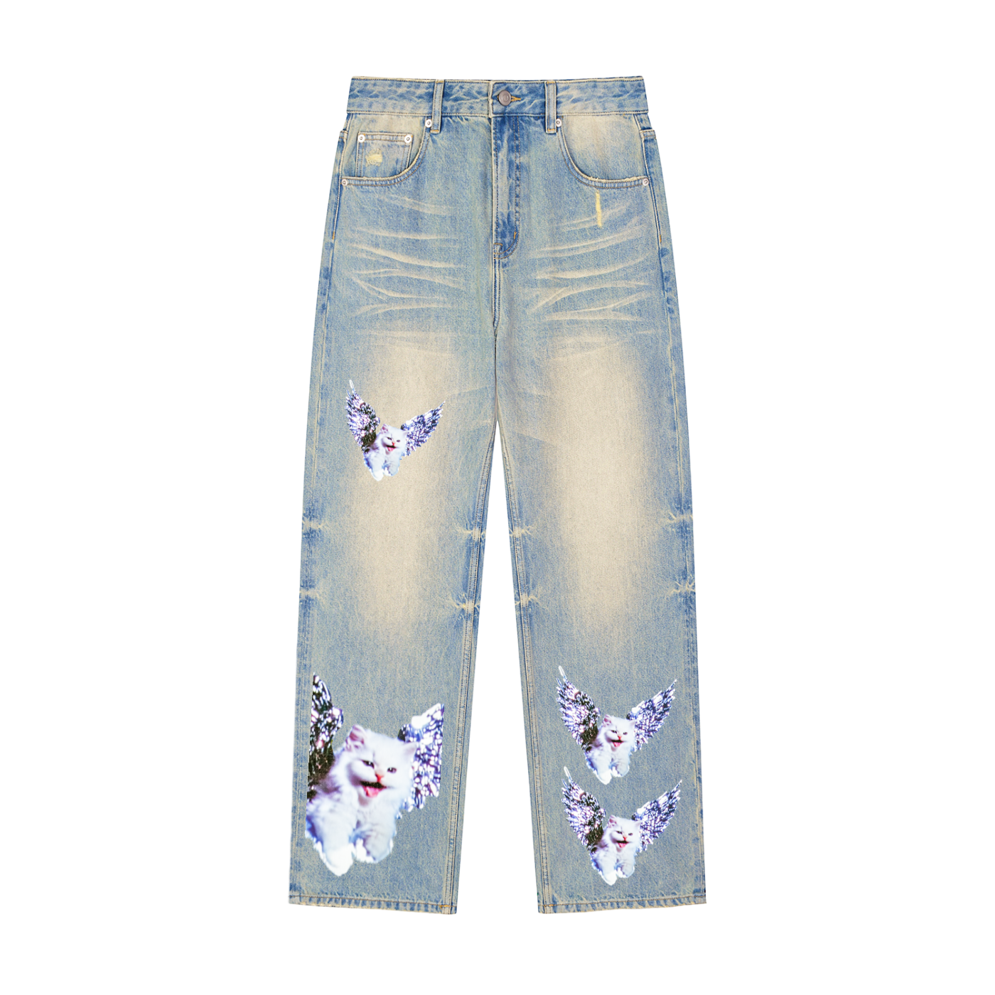 AVANTI AMOR "Angel Kitty" Sun Faded Raw Hem Denim Jeans