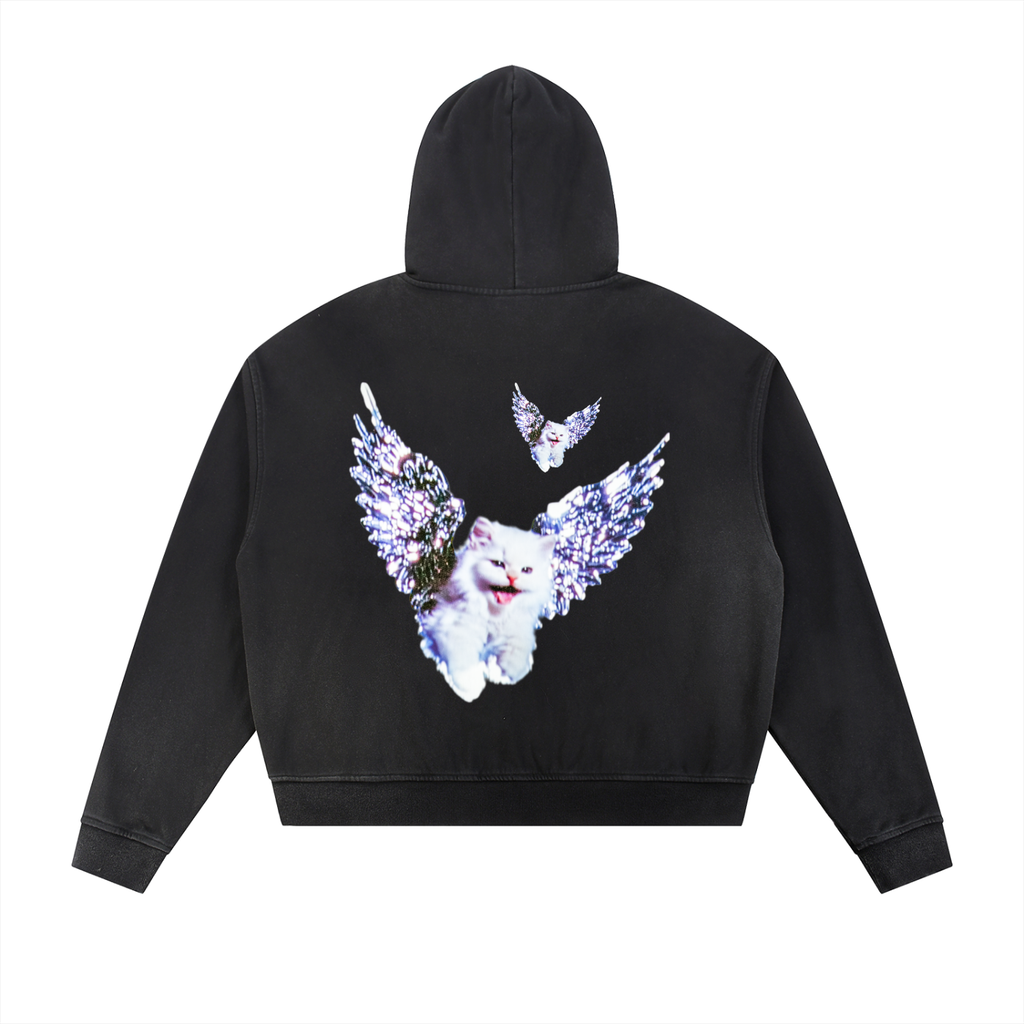 AVANTI AMOR "Angel Kitty " Sun Faded Frayed Raw Edge Fleece Zip Hoodie