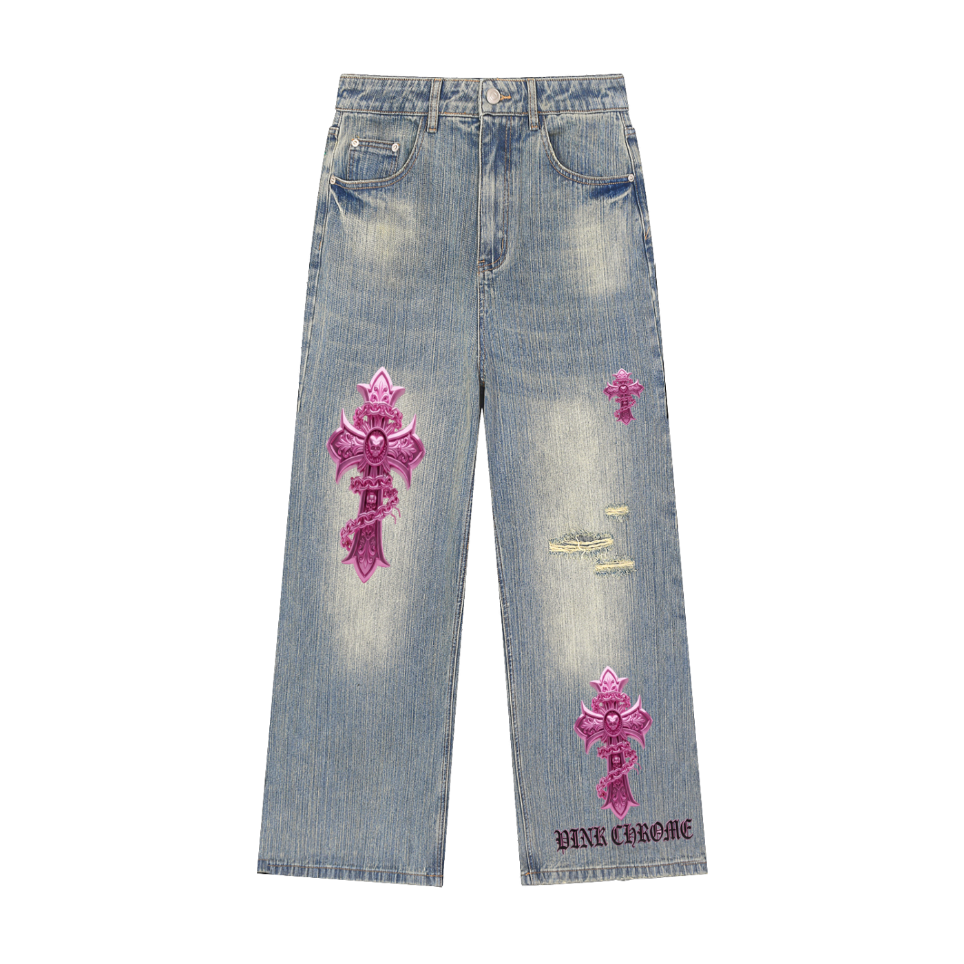 PINK CHROME Vintage Wash Distressed Denim Jeans