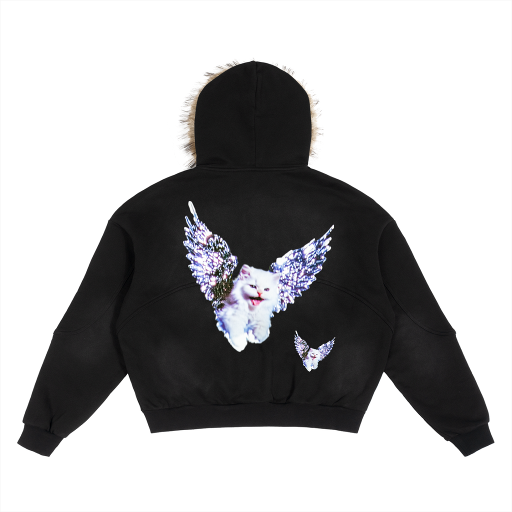 AVANTI AMOR "Angel Kitty" Sun Fade Boxy Detachable Fur Hoodie