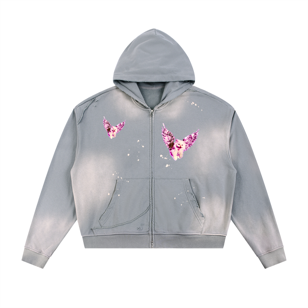 AVANTI AMOR "Angel Kitty" Sun Faded Frayed Raw Edge Fleece Zip Hoodie