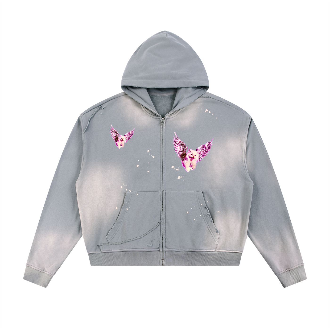 AVANTI AMOR "Angel Kitty" Sun Faded Frayed Raw Edge Fleece Zip Hoodie