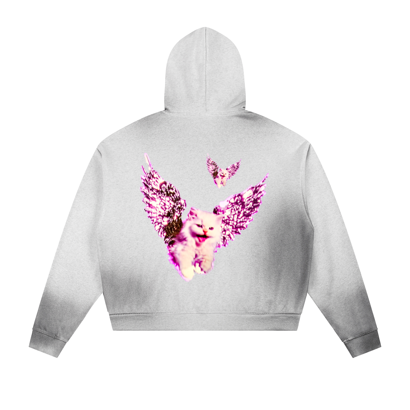 AVANTI AMOR "Angel Kitty" Sun Faded Frayed Raw Edge Fleece Zip Hoodie