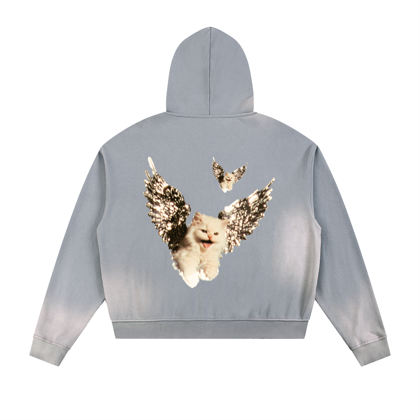 AVANTI AMOR "Angel Kitty" Sun Fade Frayed Raw Edge Fleece Zip Hoodie