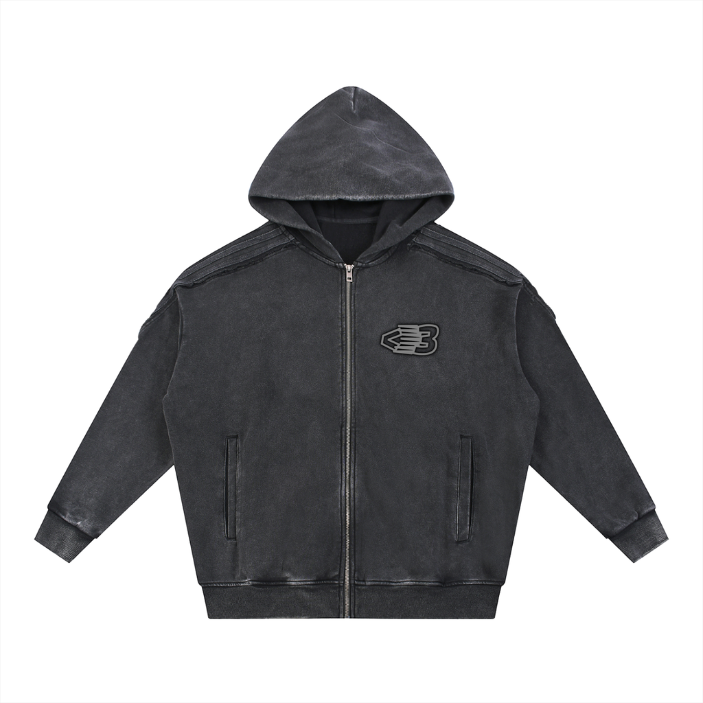 AVANTI AMOR Snow Washed Tape Raw Edge Zip Hoodie