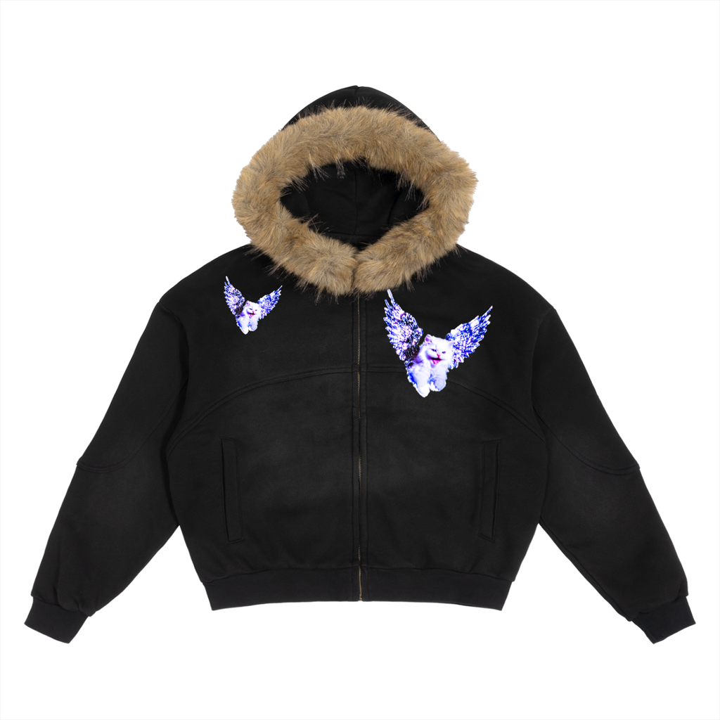 AVANTI AMOR "Angel Kitty" Sun Fade Boxy Detachable Fur Hoodie