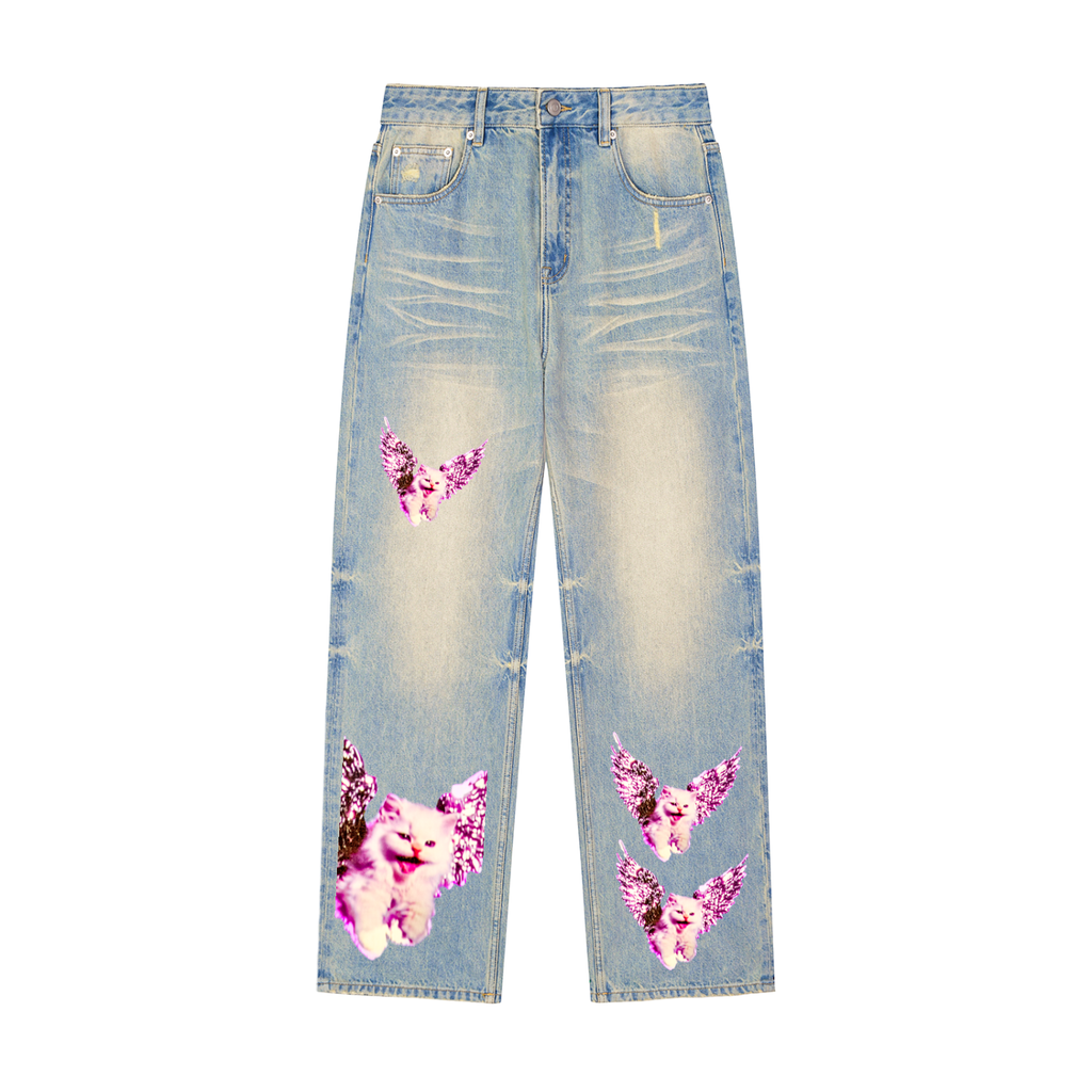 AVANTI AMOR "Angel Kitty" Sun Faded Raw Hem Denim Jeans