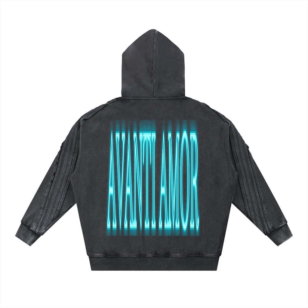 AVANTI AMOR Snow Washed Tape Raw Edge Zip Hoodie