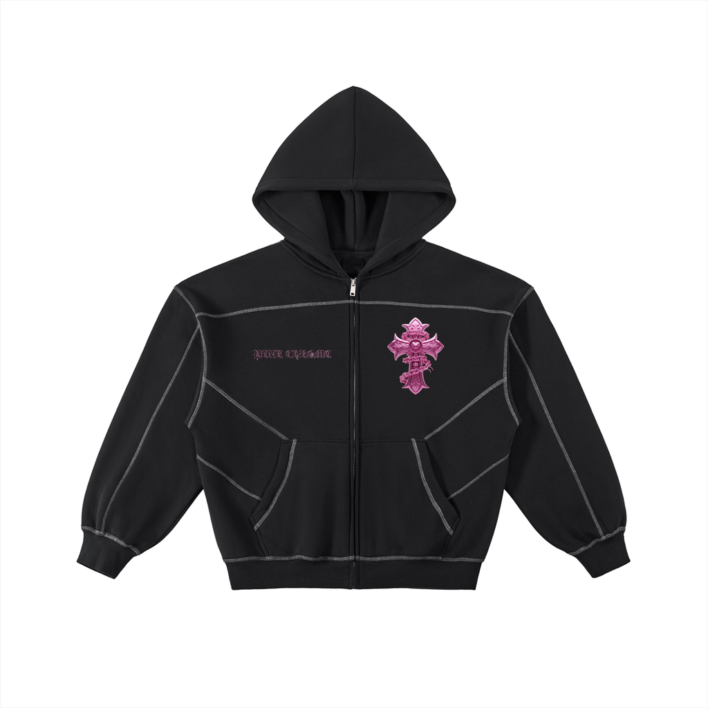 PINK CHROME Contrast-Stitched Boxy Fleece Zip Hoodie