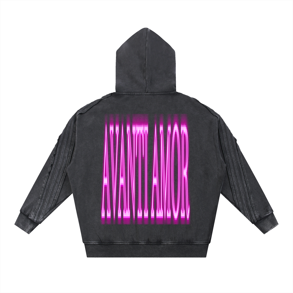 AVANTI AMOR Snow Washed Tape Raw Edge Zip Hoodie