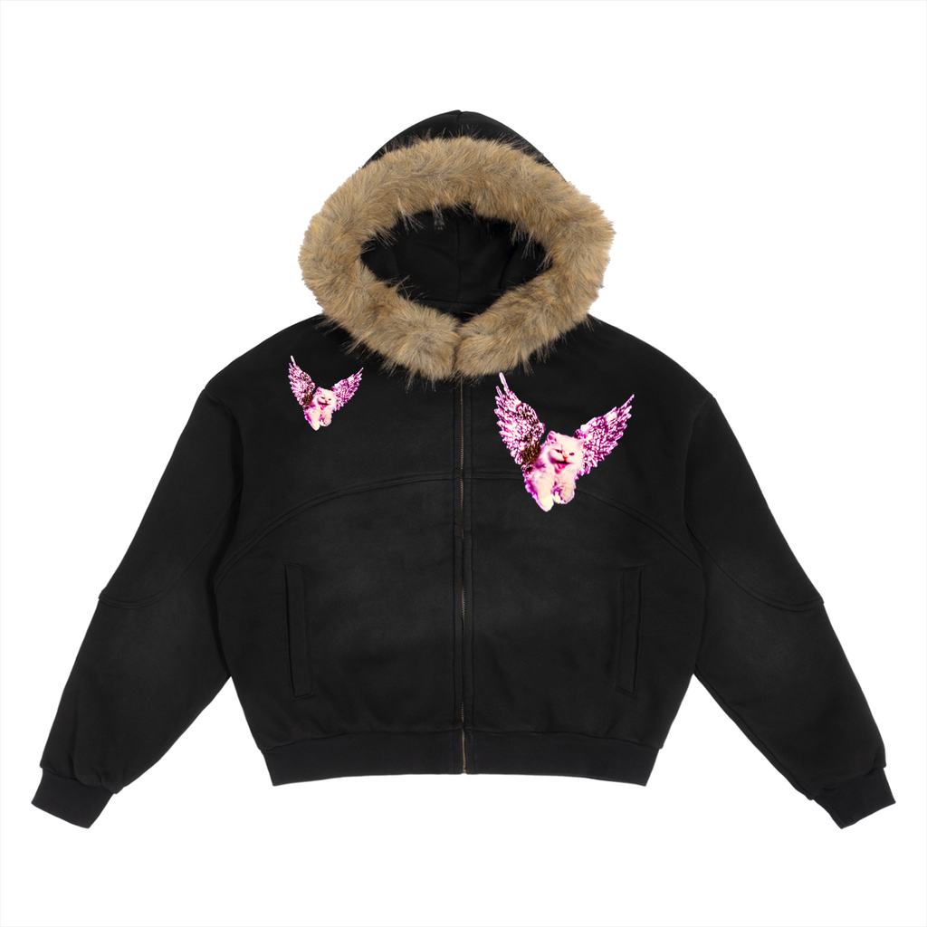 AVANTI AMOR "Angel Kitty" Sun Fade Boxy Detachable Fur Hoodie