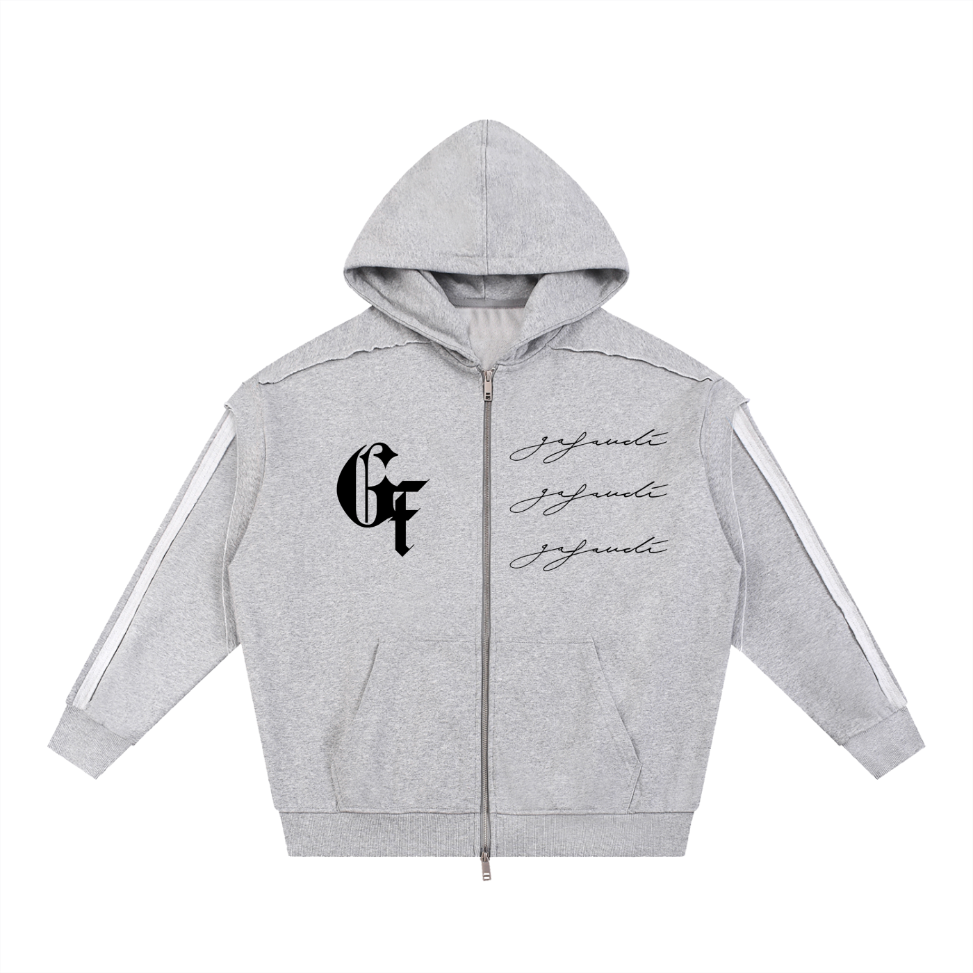GAFAUDI 'GOD FEARING' Contrast Tape Raw Edge Double Layered Zip Hoodie