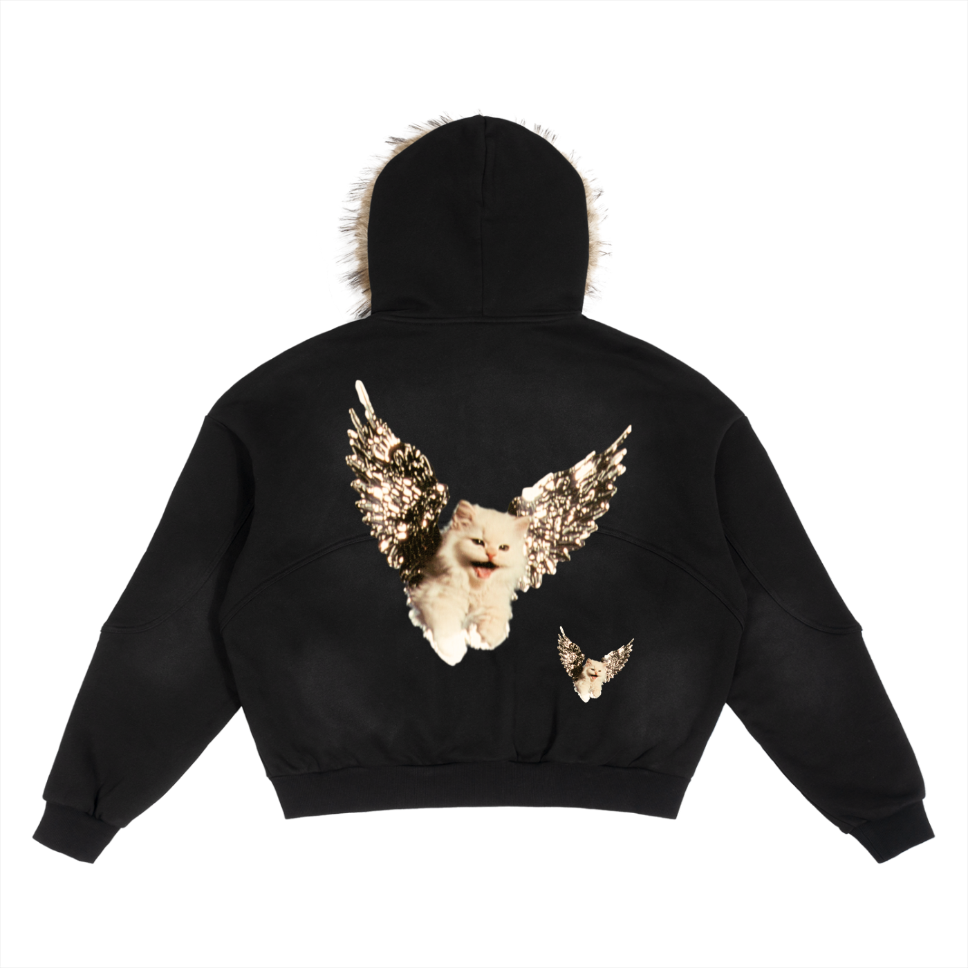 AVANTI AMOR "Angel Kitty" Sun Fade Boxy Detachable Fur Hoodie