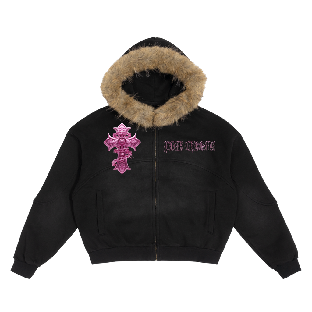 PINK CHROME Sun Fade Boxy Detachable Fur Hoodie
