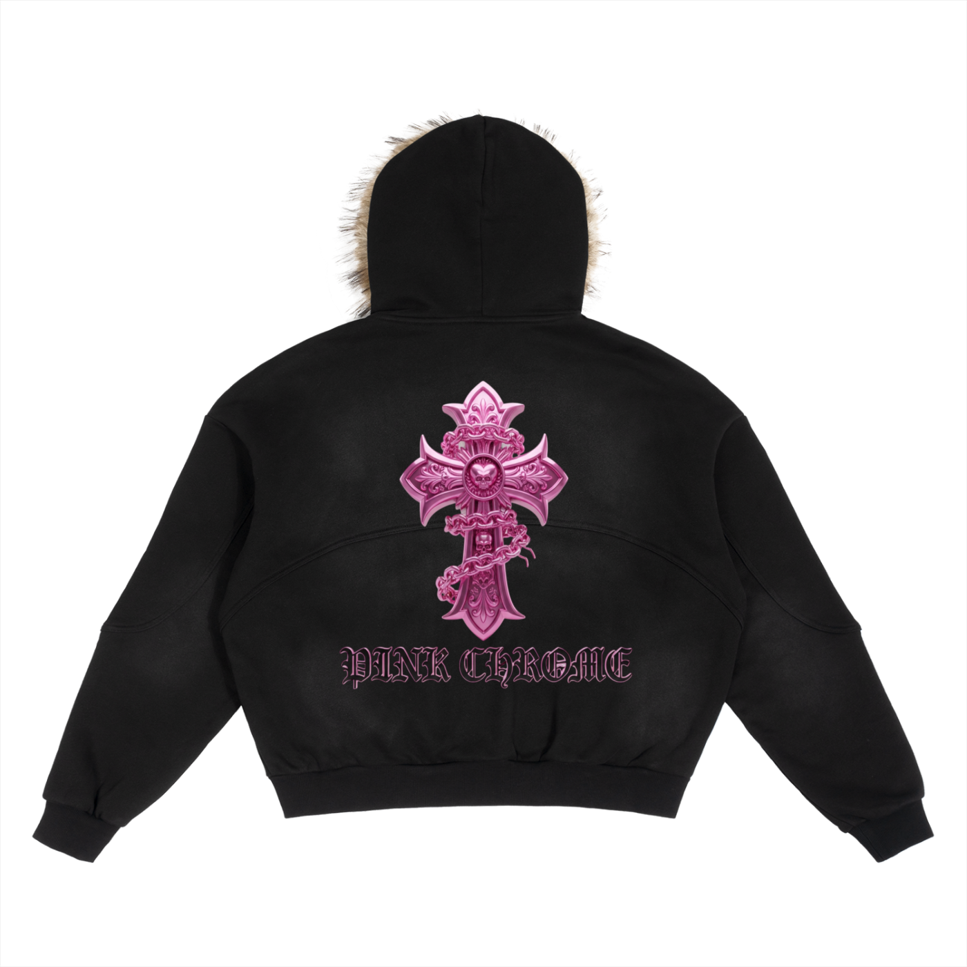 PINK CHROME Sun Fade Boxy Detachable Fur Hoodie
