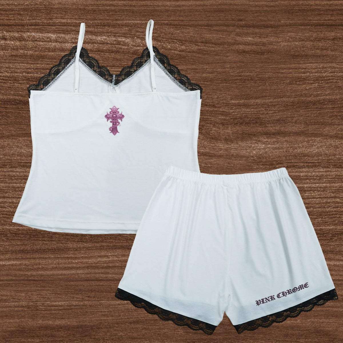 PINK CHROME All-Over Print Women's Cami Home Suit With Lace Edge