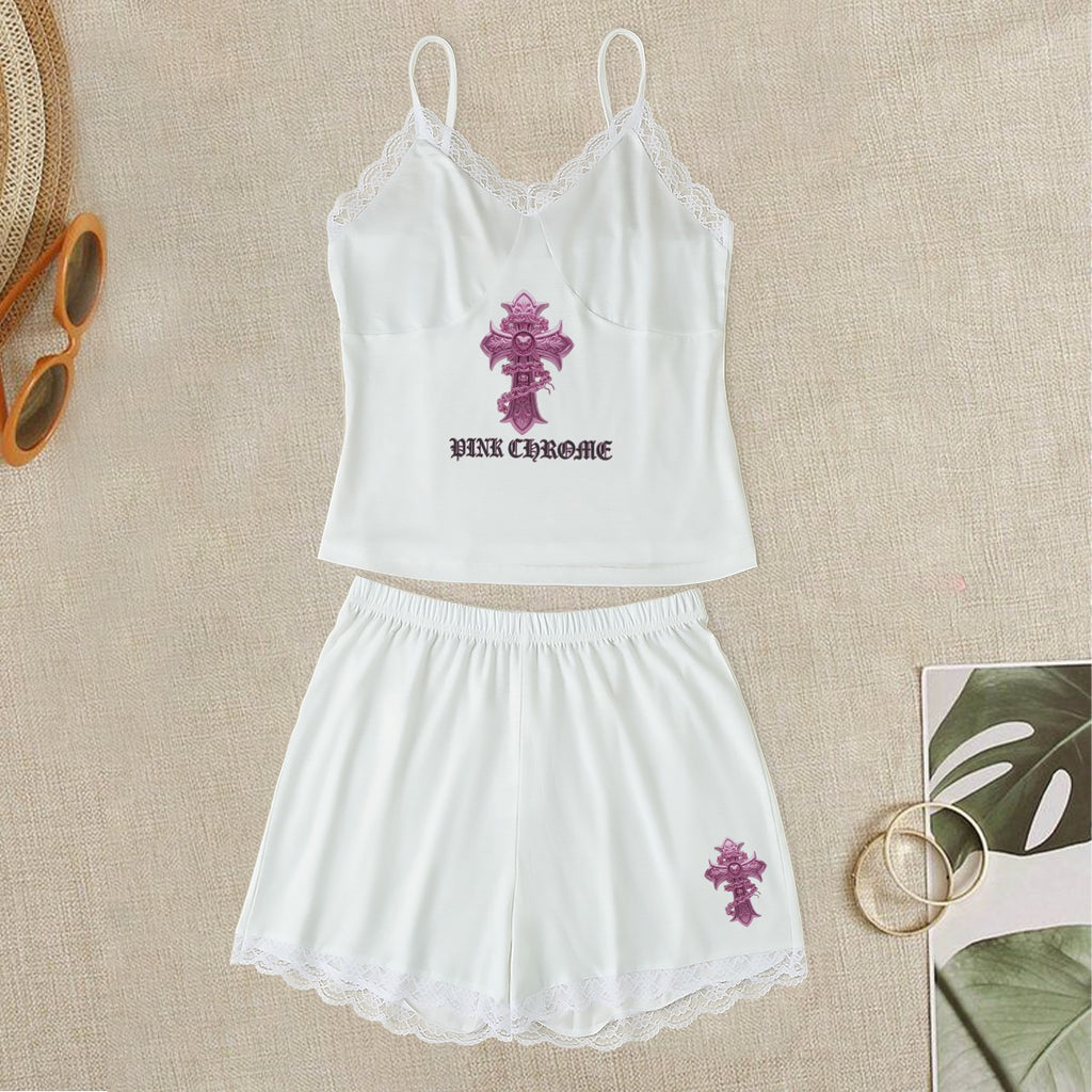 PINK CHROME All-Over Print Women's Cami Home Suit With Lace Edge
