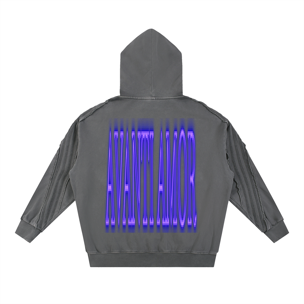 AVANTI AMOR Snow Washed Tape Raw Edge Zip Hoodie