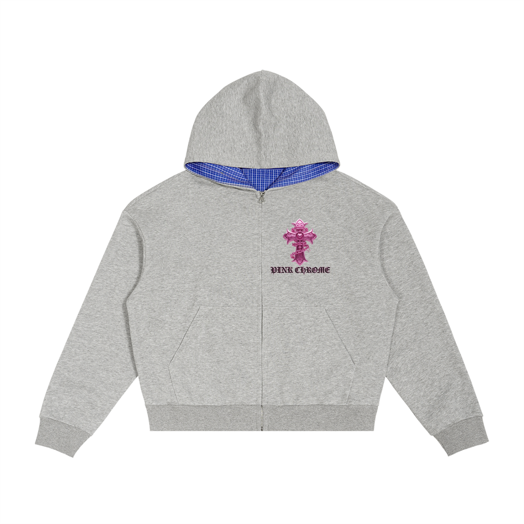 PINK CHROME Contrast Plaid Boxy Zip Hoodie