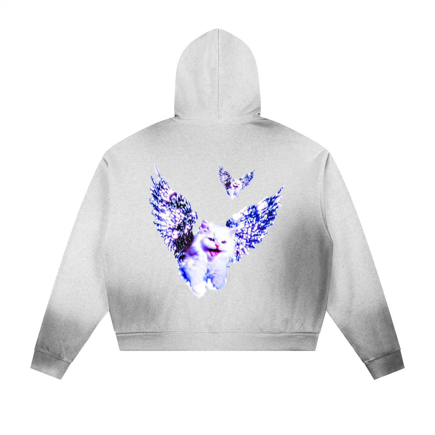 AVANTI AMOR "Angel Kitty" Sun Faded Frayed Raw Edge Fleece Zip Hoodie