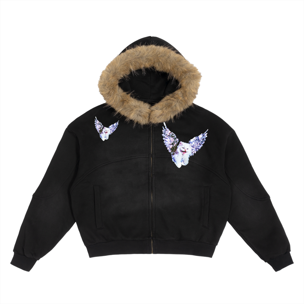 AVANTI AMOR "Angel Kitty" Sun Fade Boxy Detachable Fur Hoodie