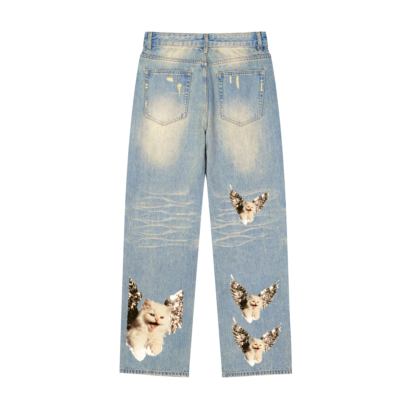 AVANTI AMOR "Angel Kitty" Sun Faded Raw Hem Denim Jeans