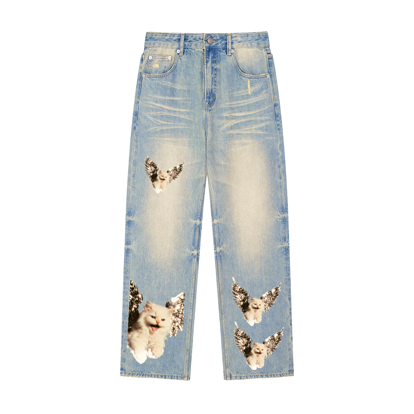 AVANTI AMOR "Angel Kitty" Sun Faded Raw Hem Denim Jeans