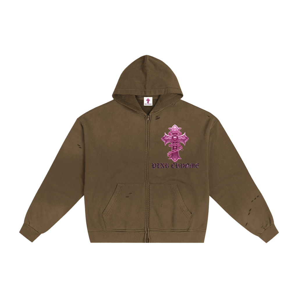 PINK CHROME Hand-Frayed Sunfade Zip Hoodie
