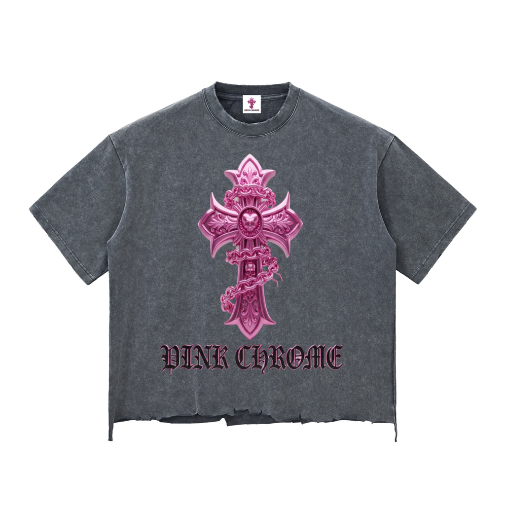 PINK CHROME Snow Wash Raw-Hem Boxy T-shirt