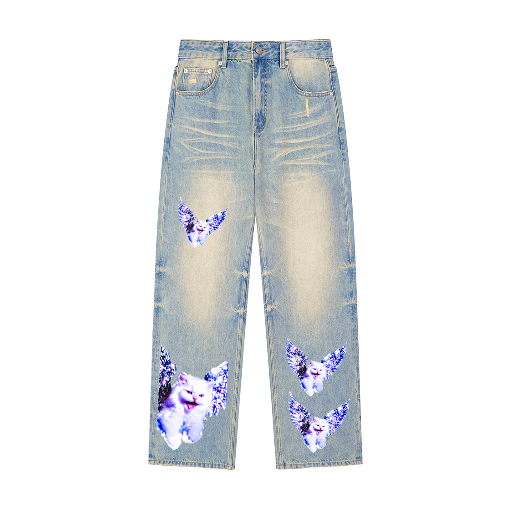 AVANTI AMOR "Angel Kitty" Sun Faded Raw Hem Denim Jeans