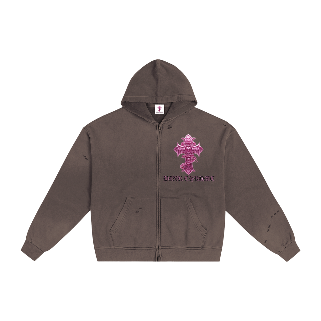 PINK CHROME Hand-Frayed Sunfade Zip Hoodie