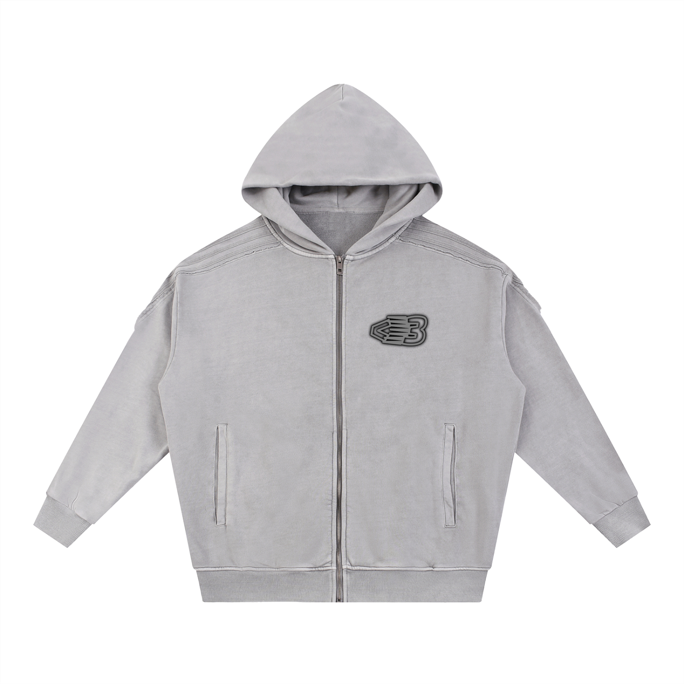 AVANTI AMOR Snow Washed Tape Raw Edge Zip Hoodie