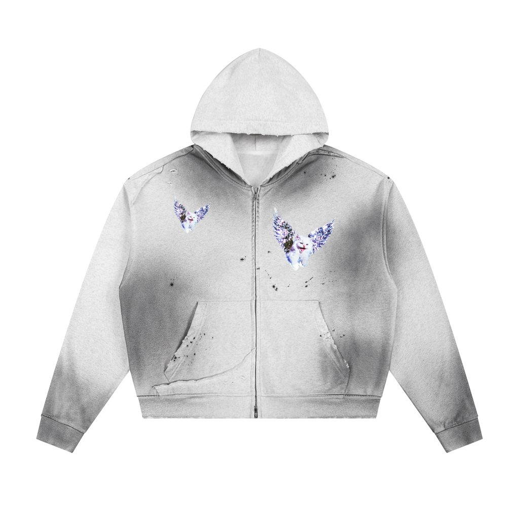 AVANTI AMOR "Angel Kitty " Sun Faded Frayed Raw Edge Fleece Zip Hoodie