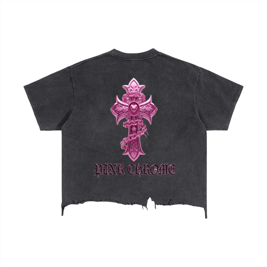 PINK CHROME Vintage Wash Boxy Distressed Hem T-Shirt
