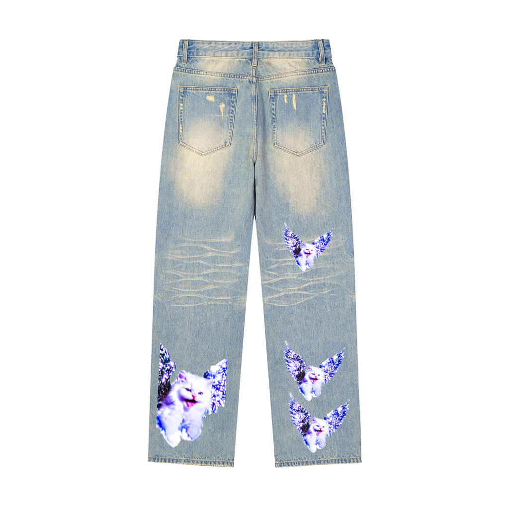 AVANTI AMOR "Angel Kitty" Sun Faded Raw Hem Denim Jeans