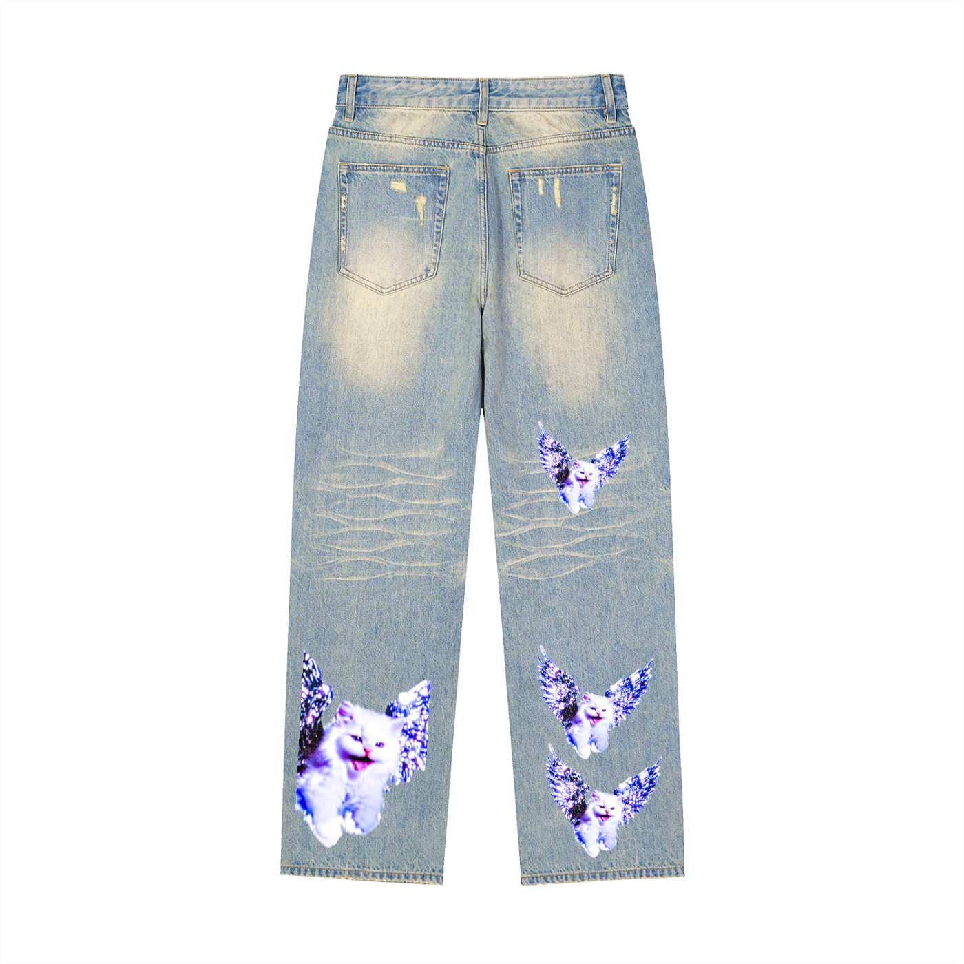 AVANTI AMOR "Angel Kitty" Sun Faded Raw Hem Denim Jeans
