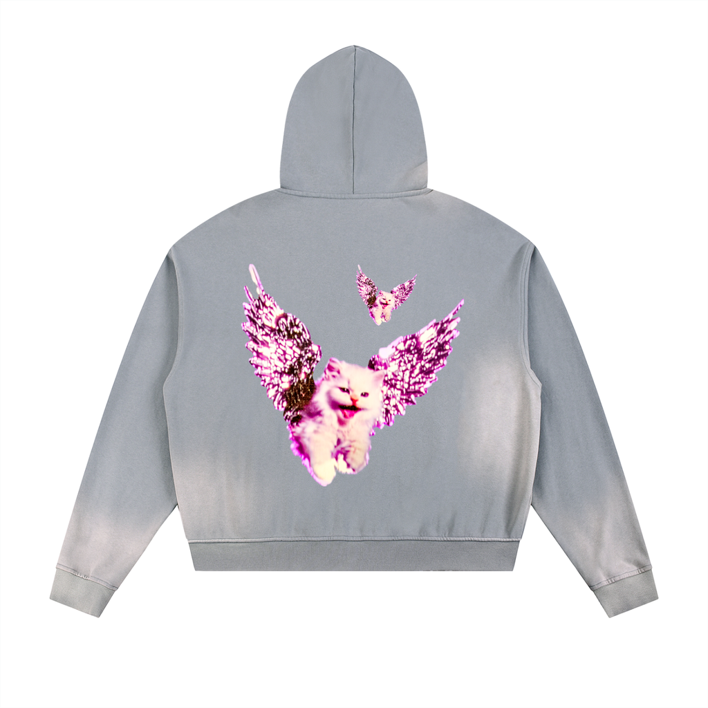 AVANTI AMOR "Angel Kitty" Sun Faded Frayed Raw Edge Fleece Zip Hoodie