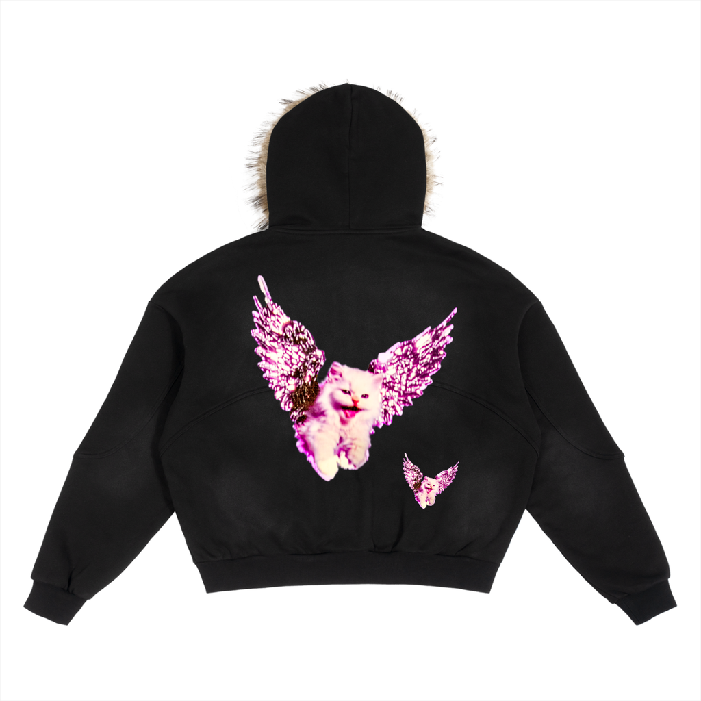 AVANTI AMOR "Angel Kitty" Sun Fade Boxy Detachable Fur Hoodie
