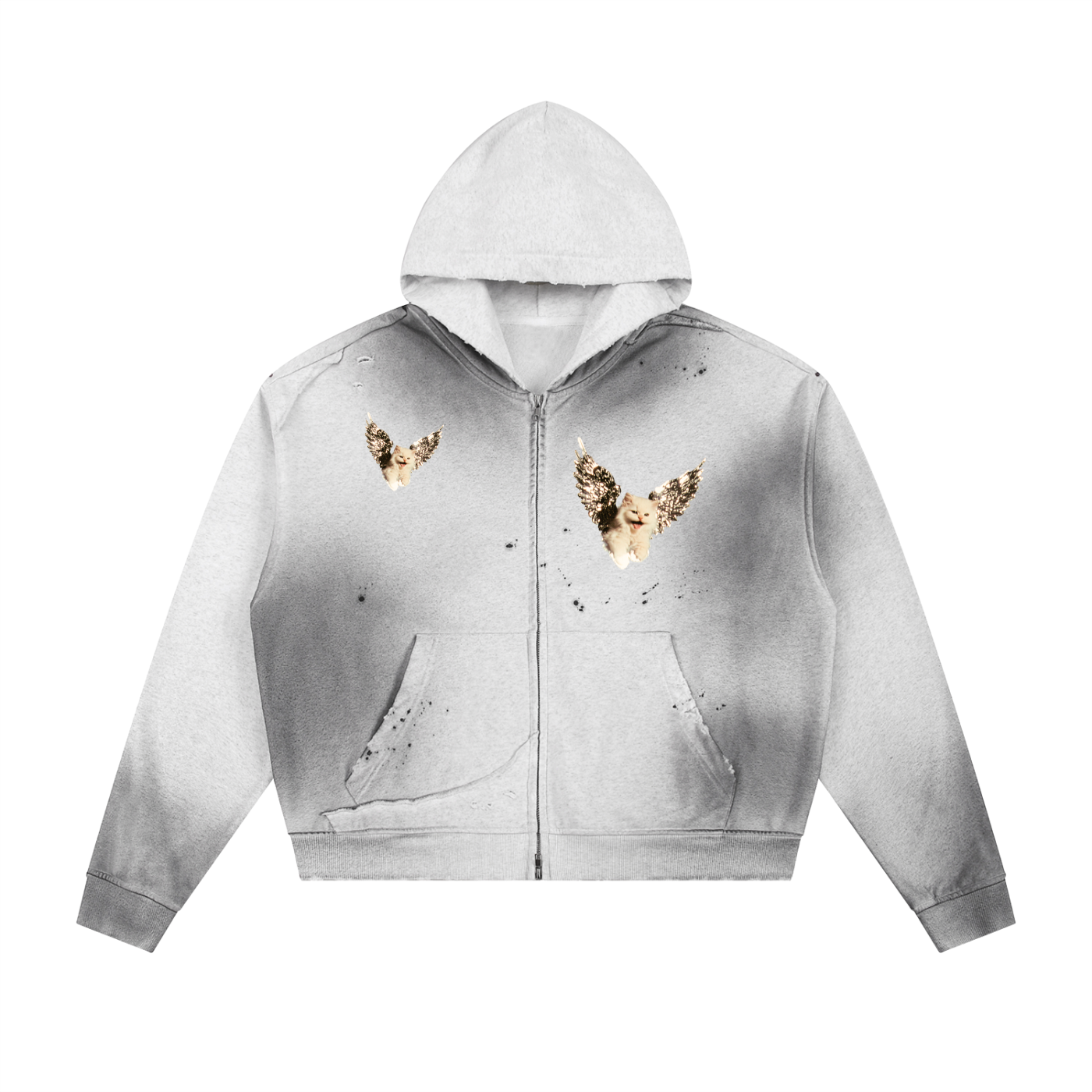 AVANTI AMOR "Angel Kitty" Sun Fade Frayed Raw Edge Fleece Zip Hoodie