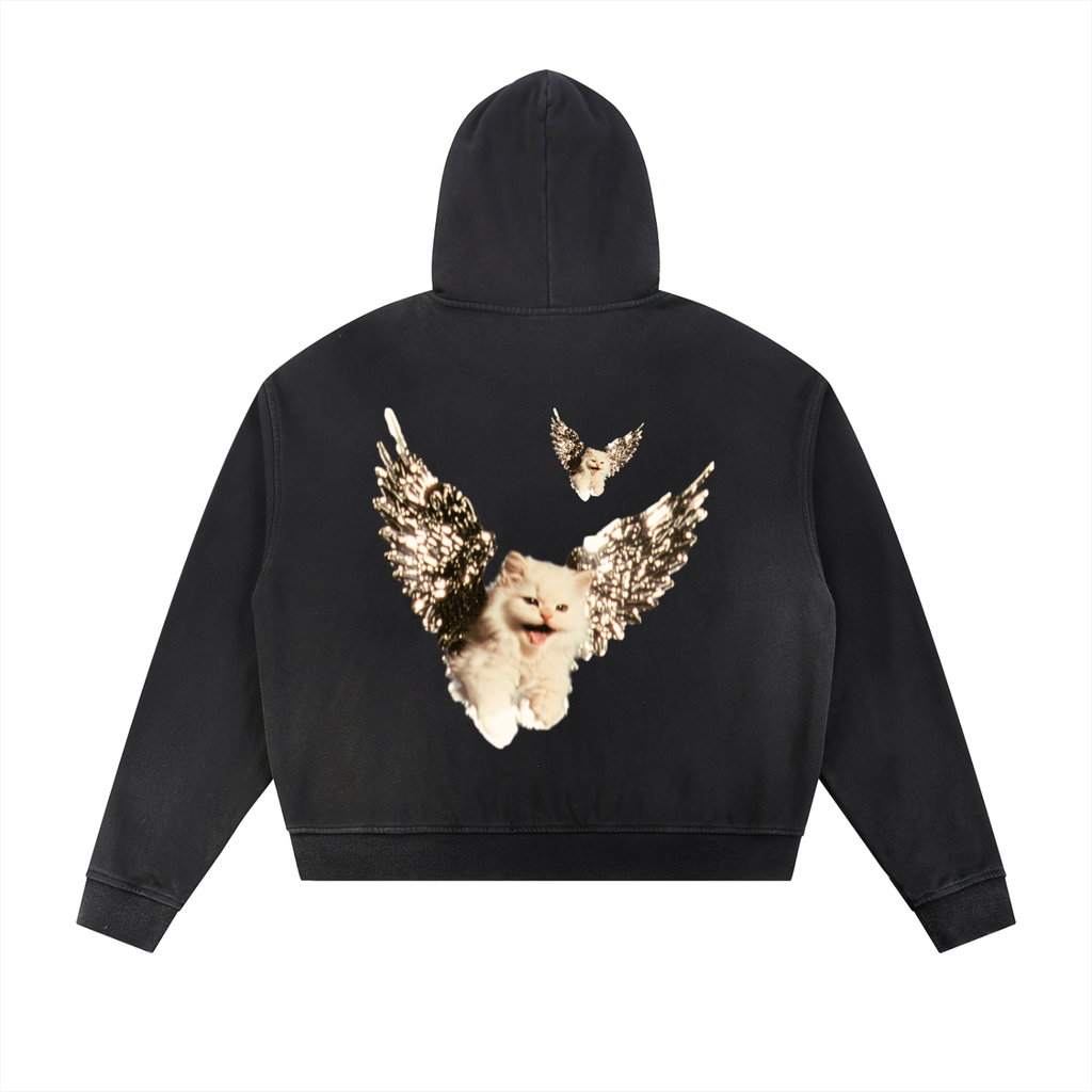 AVANTI AMOR "Angel Kitty" Sun Fade Frayed Raw Edge Fleece Zip Hoodie