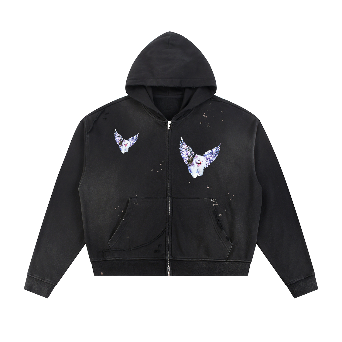 AVANTI AMOR "Angel Kitty " Sun Faded Frayed Raw Edge Fleece Zip Hoodie