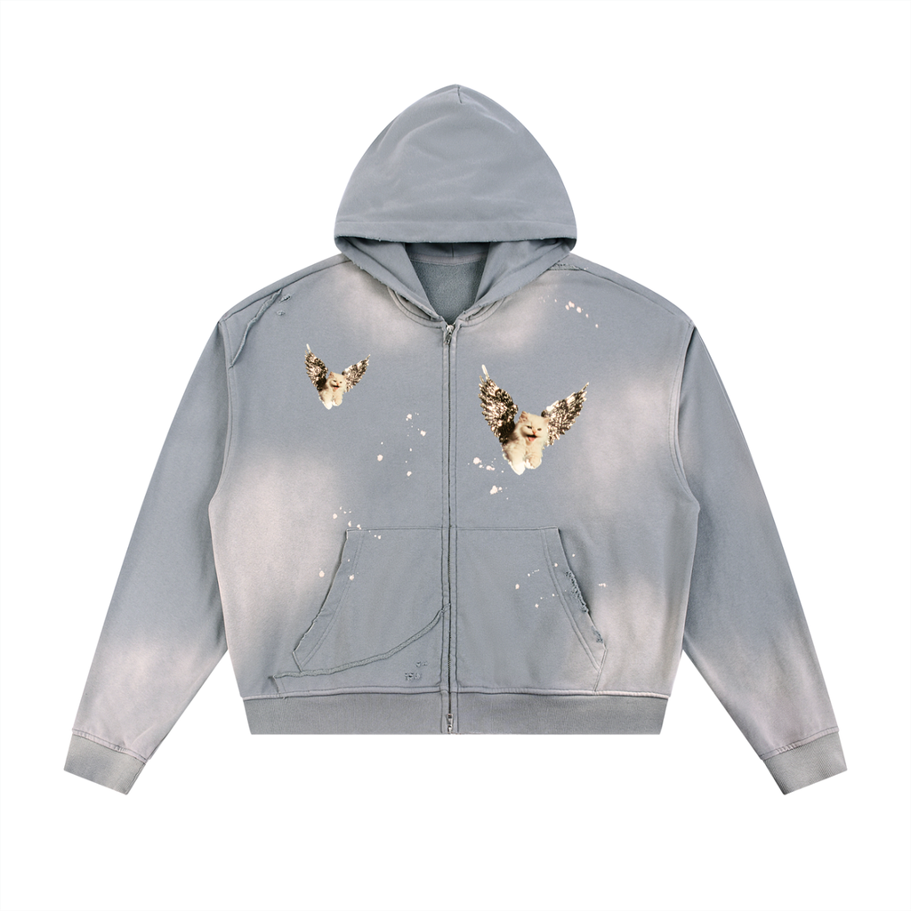 AVANTI AMOR "Angel Kitty" Sun Fade Frayed Raw Edge Fleece Zip Hoodie