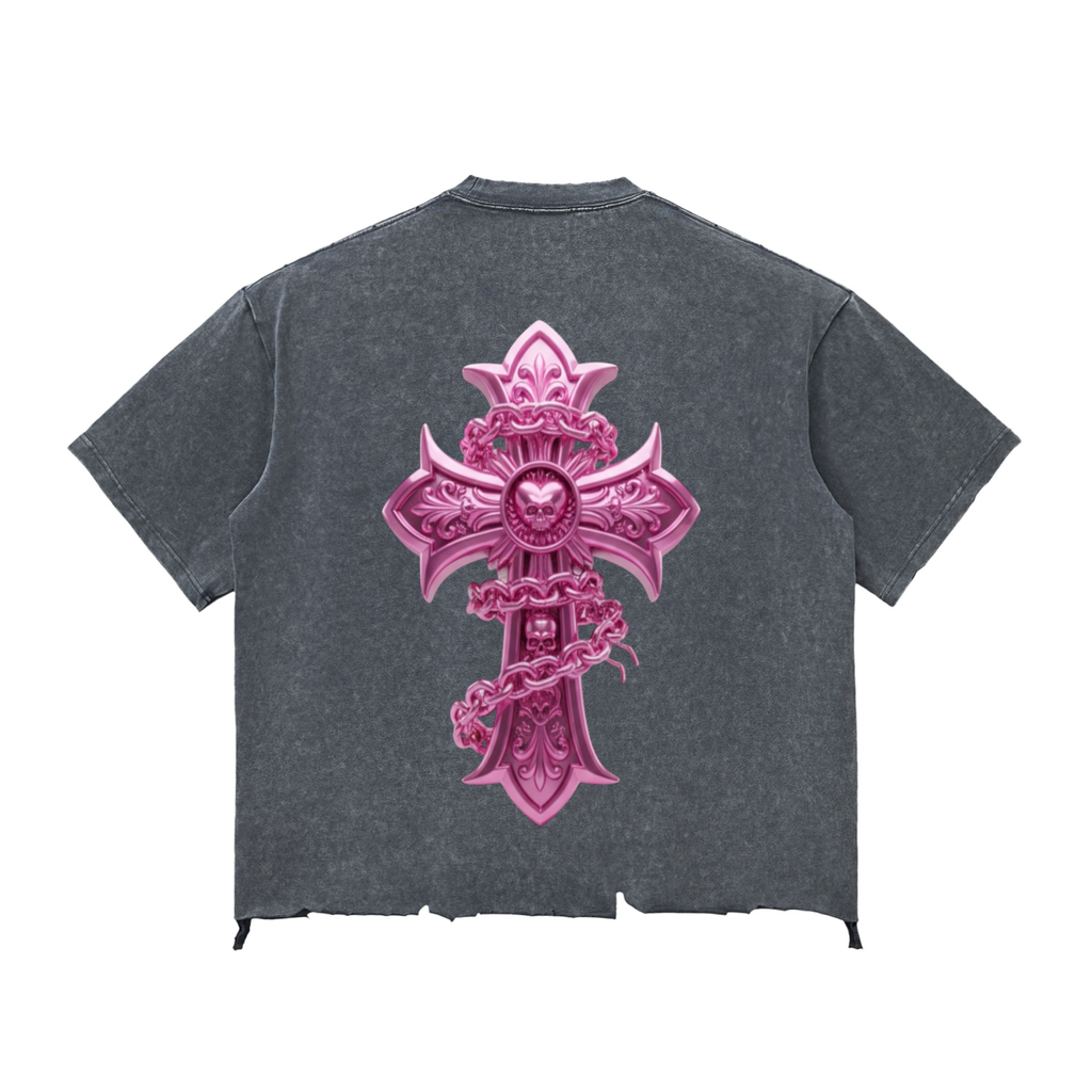 PINK CHROME Snow Wash Raw-Hem Boxy T-shirt