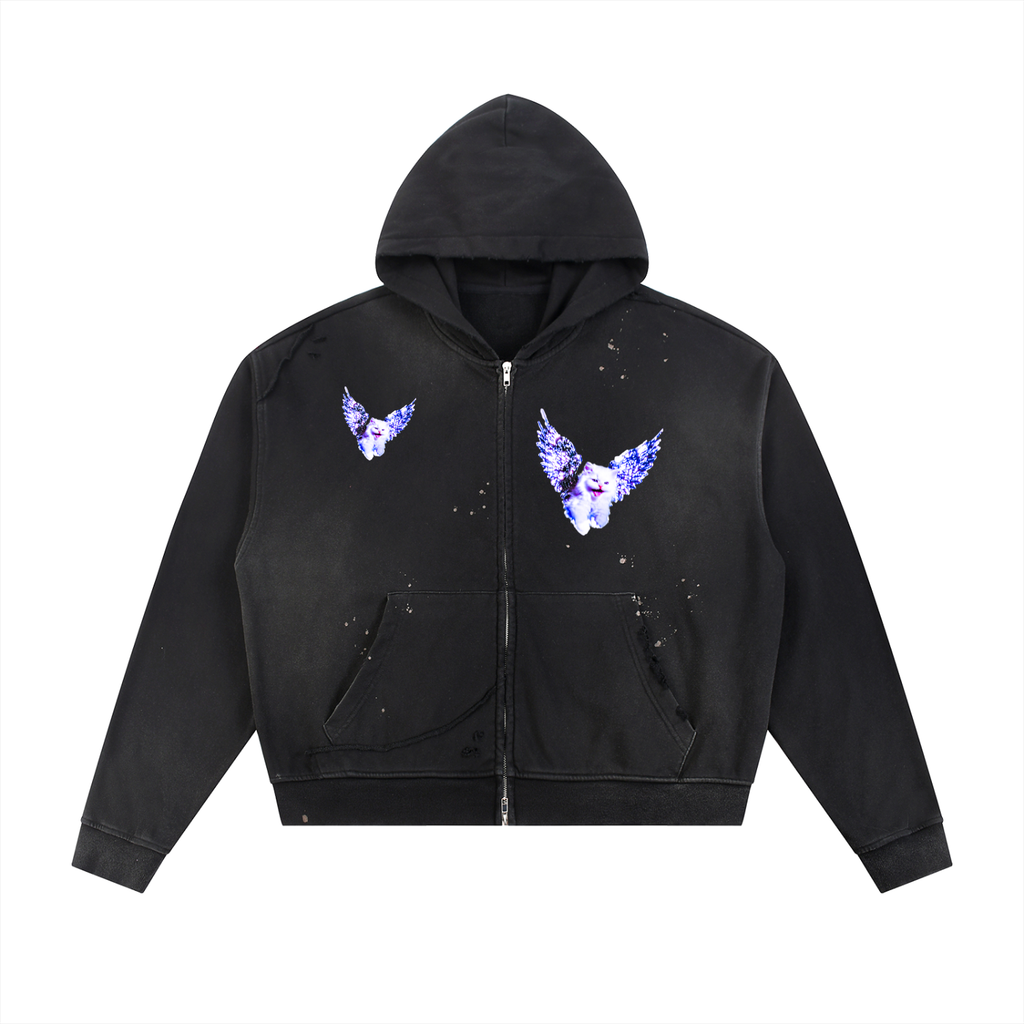AVANTI AMOR "Angel Kitty" Sun Faded Frayed Raw Edge Fleece Zip Hoodie