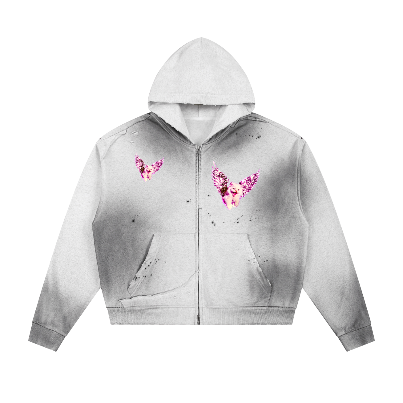 AVANTI AMOR "Angel Kitty" Sun Faded Frayed Raw Edge Fleece Zip Hoodie